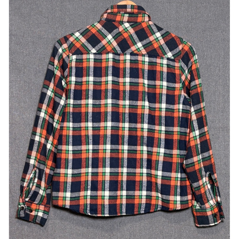 Stanley Womens Plaid Flannel Shirt Orange Navy Blue Green Button Up Small - Picture 2 of 3